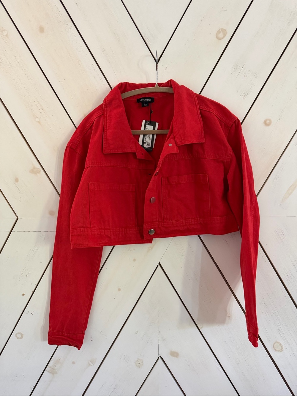 Pretty little thing cropped red denim jacket size US 6